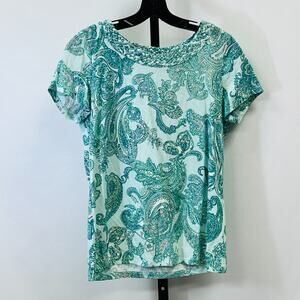 Talbots Paisley Print Decorative Neck Women M Petite Short Sleeve Top T Shirt